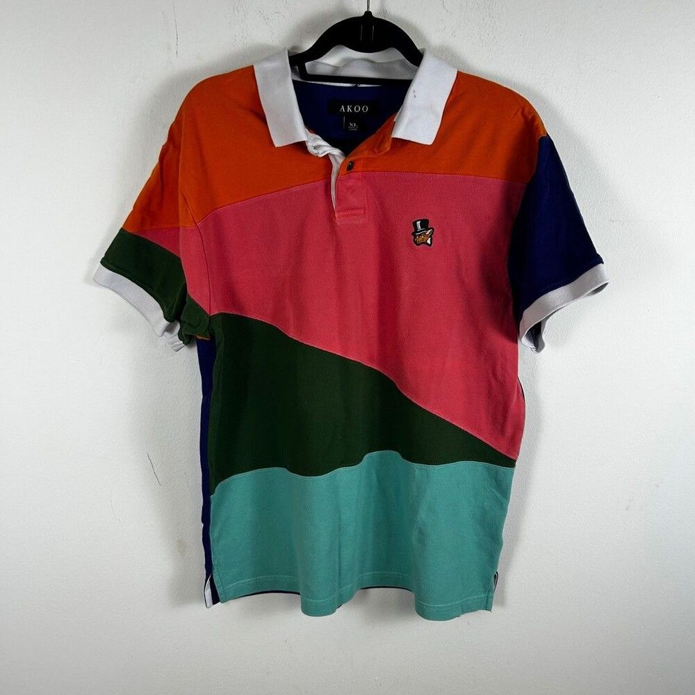 AKOO Mens Polo Shirt XL Colorblock Fox Top Hat Logo Short Sleeve Cotton